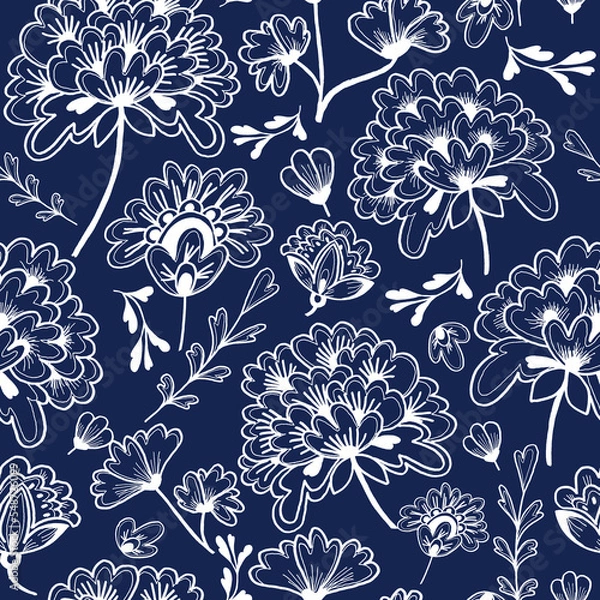 Fototapeta Seamless repeat floral pattern in indigo blue with white lines, handdrawn Asian style flowers