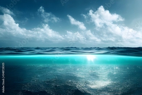 Fototapeta Split level view. Half underwater. Sparkling waves. Summer scene. 