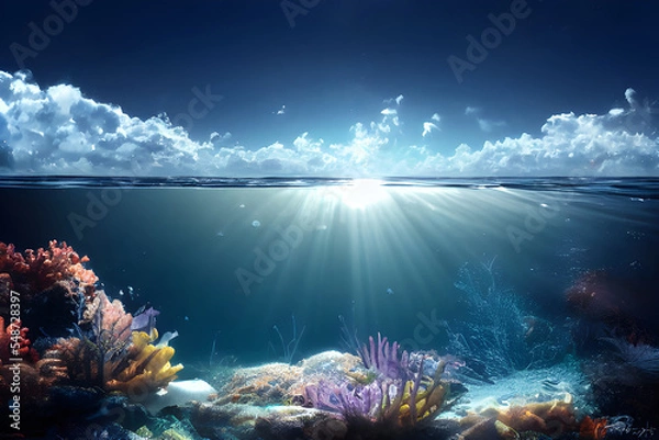 Fototapeta Split level view. Half underwater. Sparkling waves. Summer scene. 