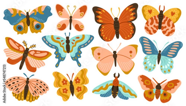 Fototapeta Butterflies and moths collection with abstract decorative modern design, vector isolated on white