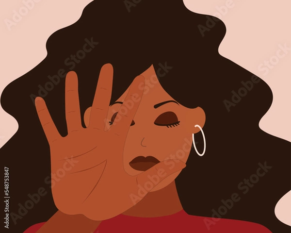 Fototapeta African American woman saying NO and rejects something in front of her. Strong black female expresses disagreement and protest. Concept of Body language and non verbal communication of STOP and ENOUGH