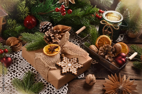 Fototapeta Gift wrapped in a rustic style with creative decorations