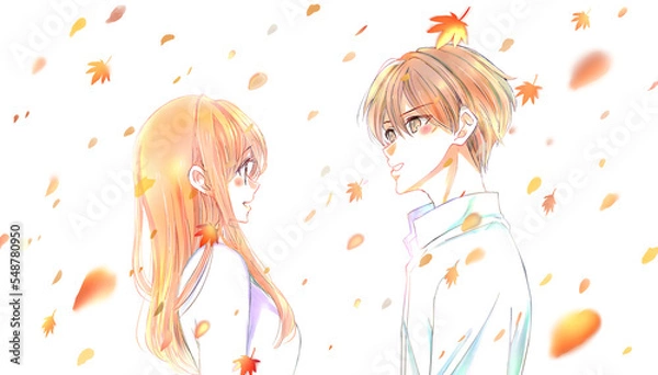 Fototapeta 向かい合う男女カップル　紅葉