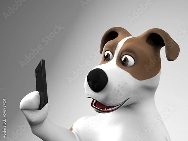 Fototapeta Funny puppy with smartphone. 3d render isolated on white background.