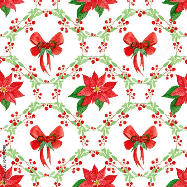 Fototapeta Watercolor seamless Christmas pattern with mistletoe, poinsettia and bow on white background. For festive products.