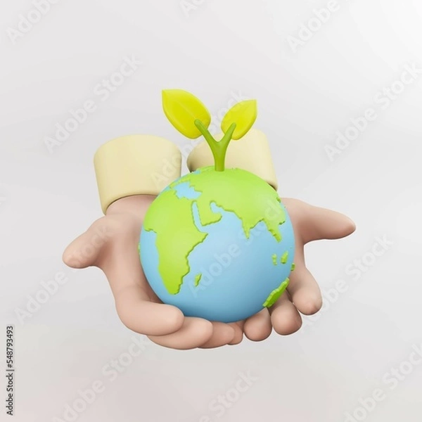 Fototapeta 3D hand holding the planet earth icon. Safe the earth, safe energy and ecological concept. safe the word symbol 3d render illustrator.