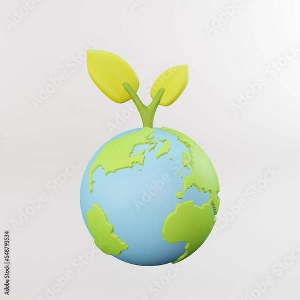 Fototapeta 3D render of the earth with growing plant. Word environment concept.