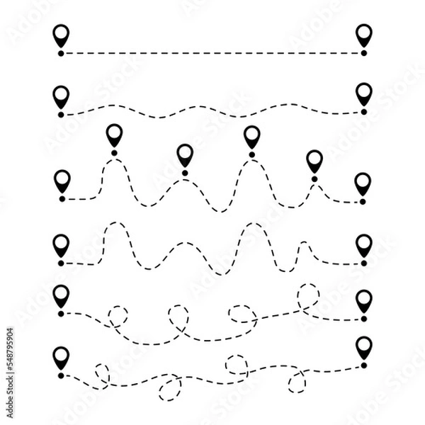 Fototapeta Pin map dotted line route set. Destination sign. Navigation pointers collection. Vector illustration isolated on white.