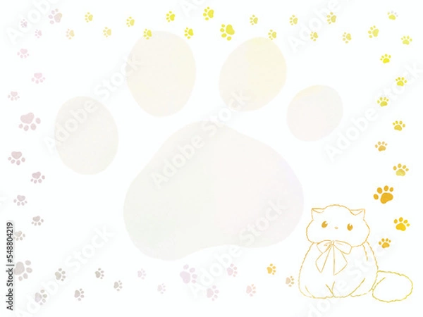 Obraz イラスト素材:かわいい足跡と猫と肉球のフレーム(パステルカラー)