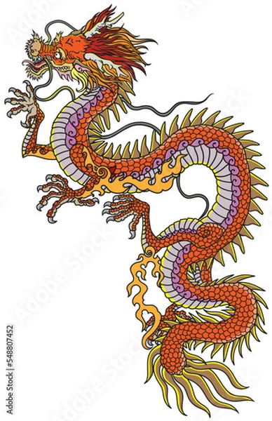 Fototapeta Chinese or Eastern red dragon. Traditional mythological creature of East Asia. Tattoo.Celestial feng shui animal. Side view. Graphic style isolated vector illustration