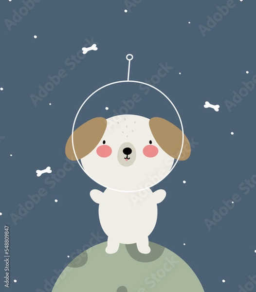 Fototapeta Cartoon poster with a cute dog in space. Vector illustration. For kids stuff, card, posters, banners, children books, printing on the pack, printing on clothes, fabric, wallpaper, textile.