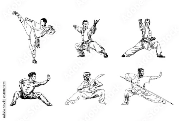 Obraz Set of hand drawing of a man showing wushu, kung fu stance. Editable vector sketch illustration