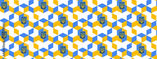 Obraz Ukrainian Seamless pattern. Ukrainian symbol and yellow-blue heart in colors of national flag on blue background. Vector illustration. For design, decor, wallpaper and decoration.