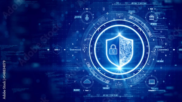 Fototapeta digital technology concept cyber security data protection internet network connection. The prominent shield in the middle of HUD on the right. Binary code connected polygons on dark blue background.