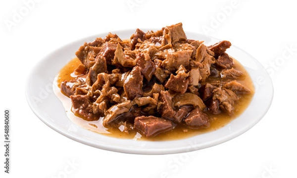 Obraz Wet cat food on a white plate cutout. Feeding plate full of meat and liver pieces in a sauce for cats isolated on a white background. Canned meat for domestic pet animals concept.