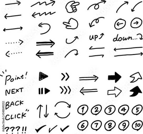 Obraz 手描きの矢印・記号のアイコンセット【黒線画】