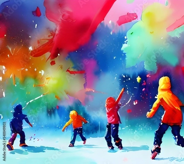 Obraz In the picture, kids are throwing snowballs at each other and appear to be having a great time. The winter scenery is beautiful with the trees and houses covered in snow.