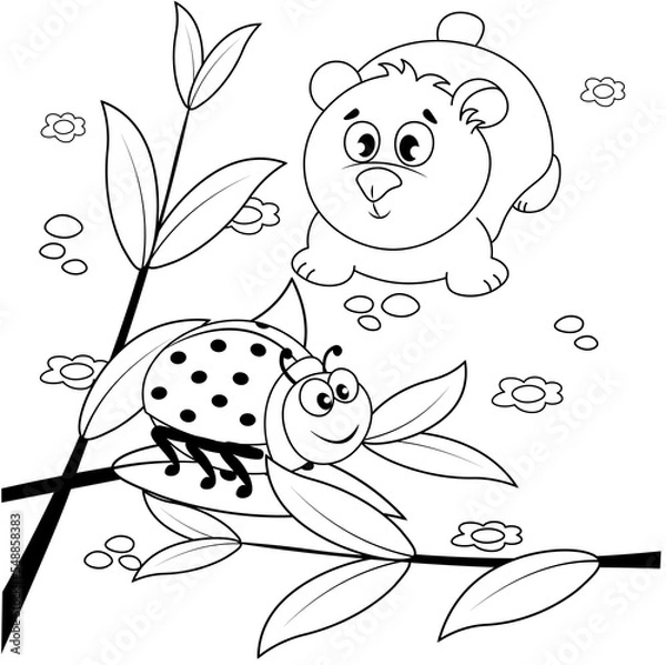 Fototapeta A cute little bear is watching a cocoon. Cartoon contour illustration isolated on white background