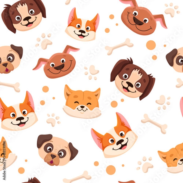 Fototapeta Seamless pattern with cute dogs of different breed. Colorful childish texture with pets for fabric, textile, wrapping paper. Vector cartoon Illustration
