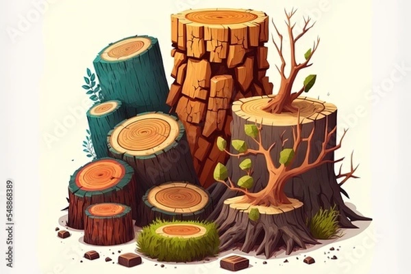 Fototapeta Wood Trunks. Stacked Lumber Material, Trunk Twig And Firewood Logging Twigs. Tree Stump, Old Wooden Plank Isolated Cartoon Cartoon Style