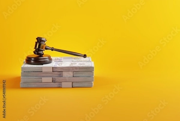 Obraz Judge's gavel on bundles of banknotes. The concept of corruption in the courts, buying judge and hearings. Settling judgments for money. 3D render, 3D illustration.