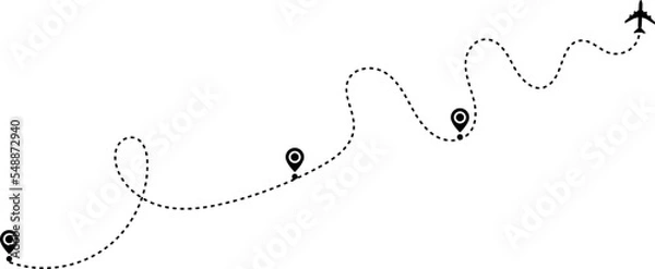 Fototapeta Airplane path in a dotted line shape. Airplane routes set. Plane route line. Planes dotted flight pathway. Plane paths. Aircraft tracking. location pins isolated on white background