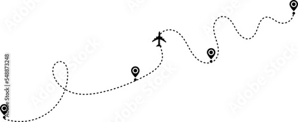 Fototapeta map marker pointer sign. Airplane line path travel icon. Aircraft tracking, planes travel dot line