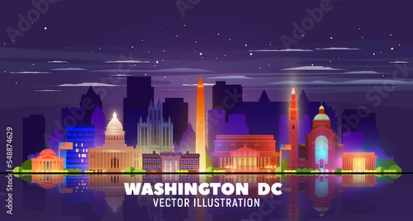 Fototapeta Washington DC, (USA) night city skyline vector illustration. Business travel and tourism concept with modern buildings. Image for presentation, banner, and website.