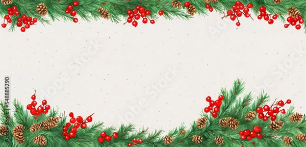 Fototapeta watercolor christmas holly branches decorations and balls for  background, holly branches fir over white paper, green and red tones