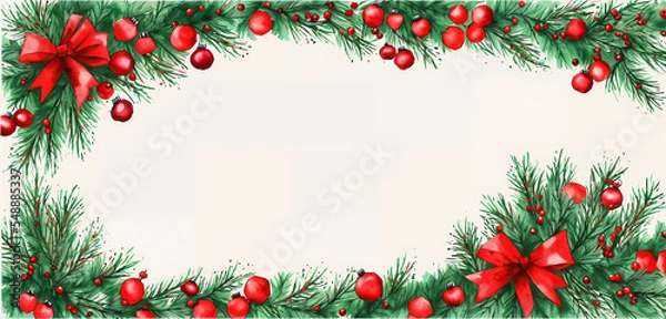 Fototapeta watercolor christmas holly branches decorations and balls for  background, holly branches fir over white paper, green and red tones