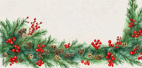 Fototapeta watercolor christmas holly branches decorations and balls for  background, holly branches fir over white paper, green and red tones