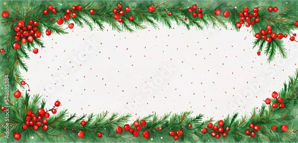 Fototapeta watercolor christmas holly branches decorations and balls for  background, holly branches fir over white paper, green and red tones