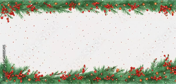 Fototapeta watercolor christmas holly branches decorations and balls for  background, holly branches fir over white paper, green and red tones