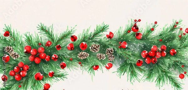 Fototapeta watercolor christmas holly branches decorations and balls for  background, holly branches fir over white paper, green and red tones