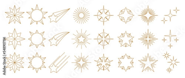 Fototapeta Set of gold star vector illustration. Luxury geometric gold line star and sparkle in different styles isolated on white background. Art design for sticker, decoration, festive party invitation.