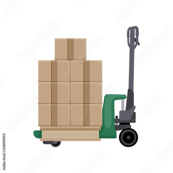 Fototapeta Forklift carrying pile of boxes flat vector illustration. Cartoon drawing of cargo tools isolated on white background. Shipment, delivery service concept