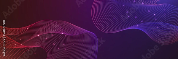 Fototapeta Vector wave lines flowing dynamic colorful blue pink isolated on dark blue background for concept of AI technology, digital, communication, science, music