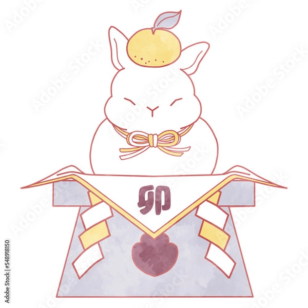 Obraz 鏡餅になったウサギの水彩風加工イラスト