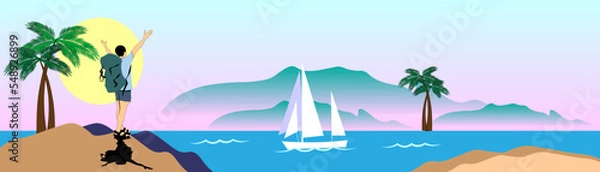 Fototapeta Travelers go on the map along the scenic tourist route. Volumetric map with a laid route. Vector illustration.