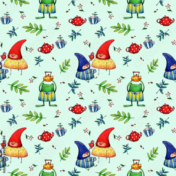 Fototapeta seamless watercolor pattern with gnomes, frog, teapot and cups and green leaves on a colored background.