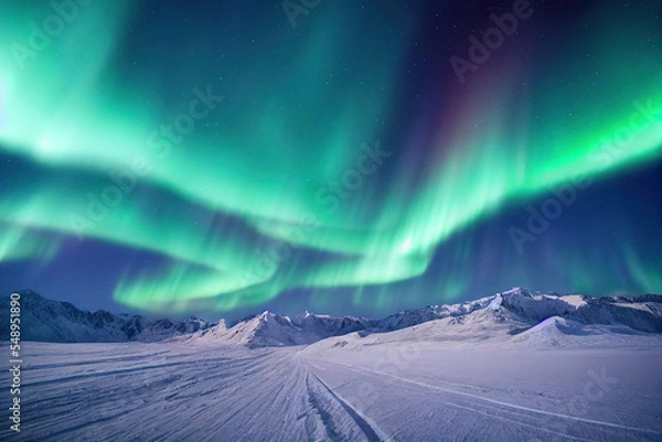Fototapeta Northern Lights over lake. Aurora borealis with starry in the night sky. Fantastic Winter Epic Magical Landscape of snowy Mountains.  