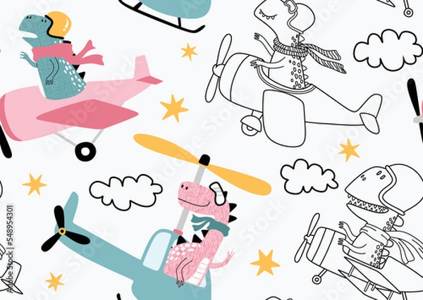 Fototapeta seamless pattern with with Cute dinosaurs flying in airplane.