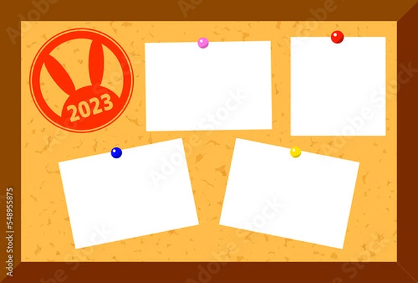 Fototapeta 卯年に使えるコルクボードの年賀状　写真3枚　シンプルな卯年のスタンプ　赤