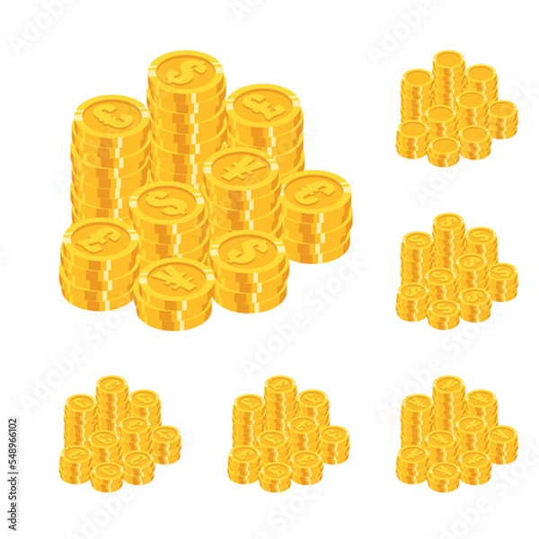 Fototapeta Set of isometric gold coins stack with mixed world major currencies sign in flat style