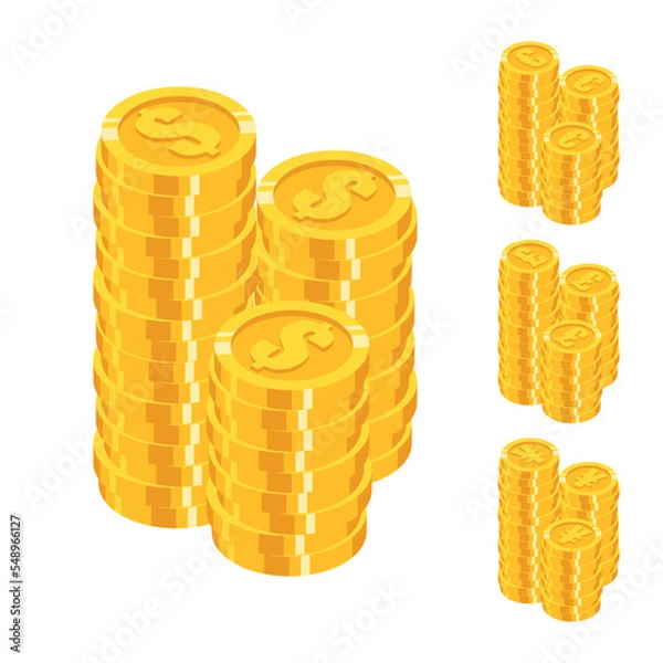 Fototapeta Set of isometric gold coins stack with world major currencies sign in flat style