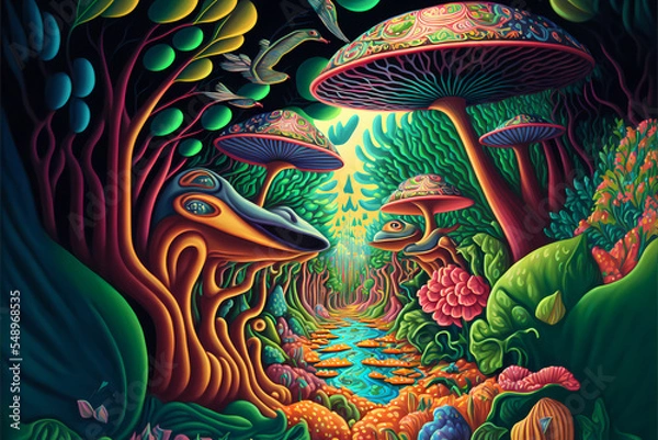 Fototapeta Colorful playful forest scene with mushrooms and exotic birds and plants in vivid peakcock colors, psychedelic style, illustration design generative ai art style 