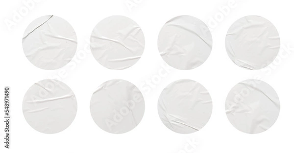Obraz White stickers mockup. Blank labels of different shapes, circle wrinkled paper emblems. Copy space. Stickers or patches for preview tags, labels