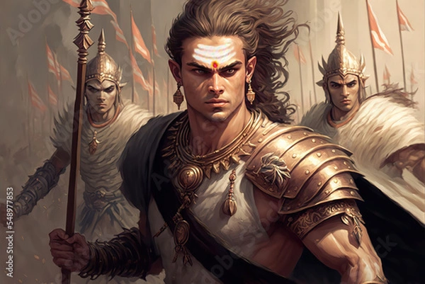 Fototapeta AI generated image of Hindu god Karthikeya, also known as Subramanya or Muruga, leading his army into a battle against evil 