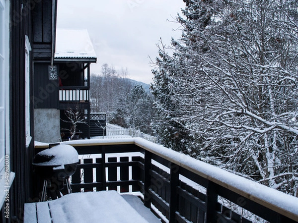 Fototapeta Snow-covered trees, porch and grill in the mountains of Norway