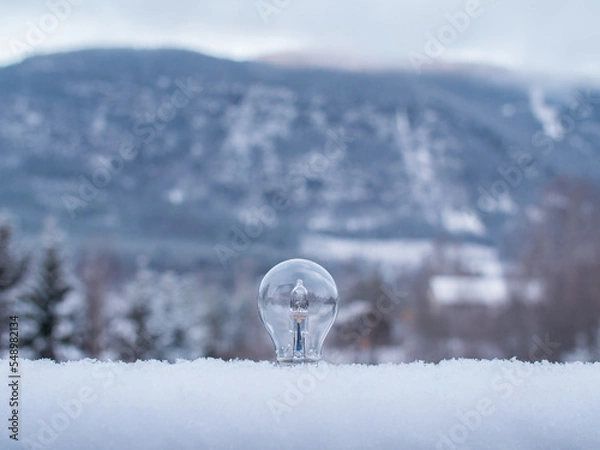 Fototapeta Light bulb sticking up from soft snow with a snowy mountain and trees in the background